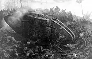 Positions Prints: British Tank attacking German positions; First World War, 19