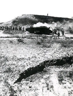 Allenby Gallery: British tank and troops on Palestine border, WW1
