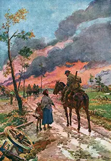 Horseback Prints: British trooper meets French woman on the road to Lille, WW1