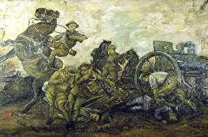 Rearing Prints: British troops bringing in a German battery under fire, WW1