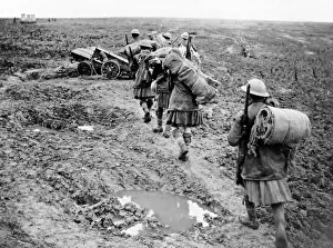 Somme Prints: British troops carrying sandbags, Western Front, WW1