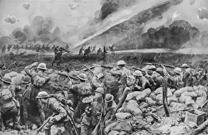 Weaponry Prints: British troops repelling a German liquid fire attack, WW1