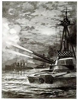 Shelling Collection: British waddling ships shelling Belgian coast, WW1