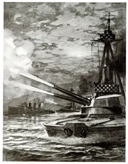 Shelling Prints: British waddling ships shelling Belgian coast, WW1
