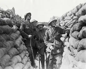 Sandbags Prints: British war correspondents in trench, Western Front, WW1