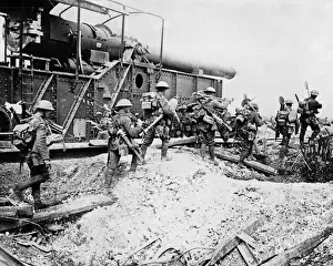 Arras Prints: British wiring party passing large gun, Arras, WW1
