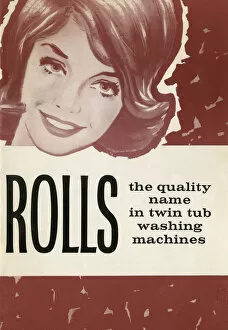 Smiles Gallery: Brochure cover for Rolls Twin Tub washing machines, featuring the smiling face of a happy
