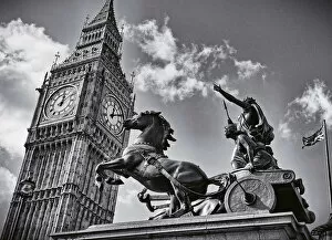 Images Dated 17th February 2016: Bronze statue of Boudicca and Big Ben - Westminster