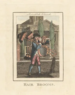 Edward Edwards Prints: Broom seller in front of Shoreditch Church, London, 1805