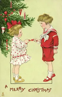 Cracker Prints: Brother and Sister pulling a Christmas Cracker by the Tree
