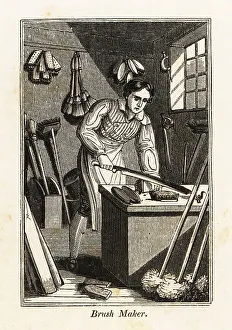 Broom Prints: Brushmaker trimming a broomhead in a workshop