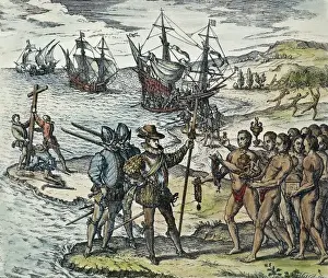 Theodor Prints: BRY, Theodor de (1528-1598). Columbus Landing