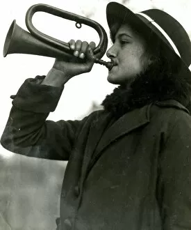 Blow Gallery: Bugler blowing All Clear after Zeppelin air raid, WW1