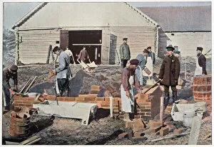 Images Dated 30th March 2021: Builders at work bricklaying in the outskirts of Moscow, Russia Date: 1890s