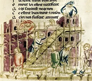 Manuscript Prints: Building a fortress (14th c. ). Gothic art. Miniature