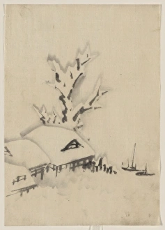 Buildings and large tree on the waterfront, with two boats a Buildings and large tree on the waterfront, with two boats a