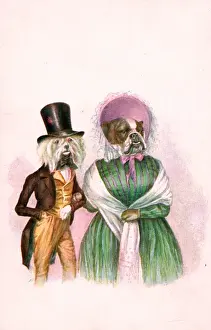 Bulldogs Prints: Bulldog and terrier in human dress on a greetings postcard