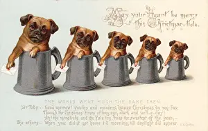 Diminishing Prints: Five bulldogs in tankards on a Christmas card