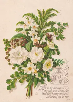 Carnation Prints: Bunch of white flowers on a fabric birthday card