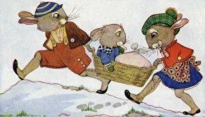 Bunnies Prints: The Bunnies climb a hill with a basket