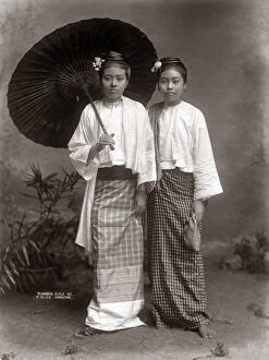 Images Dated 14th October 2015: Burmese girls with parasol, Burma (Myanmar) circa 1890