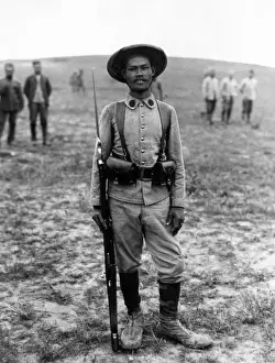 Burmese Prints: Burmese soldier with rifle and bayonet, WW1