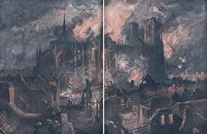 Reims Prints: Burning of Reims Cathedral after bombardment, 1914