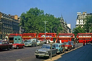 Buses queue in rush hour, Central London
