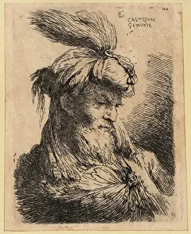 David Deuchar Prints: Bust of an old man looking down, bearded, wearing a turban with