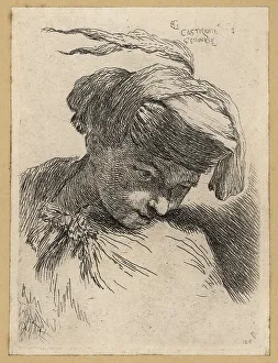 David Deuchar Prints: Bust of a young man looking down, clean shaven, wearing a plumed