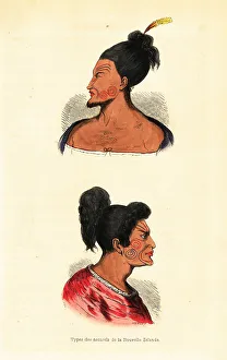 Auguste Wahlen Prints: Busts of Maori men with face tattoos or Ta moko from New Zealand