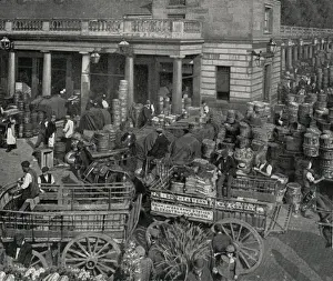 Busy scene outside Covent Garden Market, London