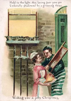 Butchers Prints: Butchers boy and housemaid on a comic Christmas card