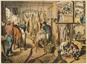 Butchers at work, with shop scene