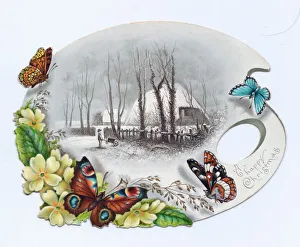 Victorian and Edwardian Christmas Cards Gallery: Butterflies and flowers on a palette-shaped Christmas card