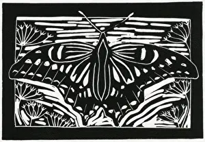 Linocut Prints: Butterfly amidst flowers