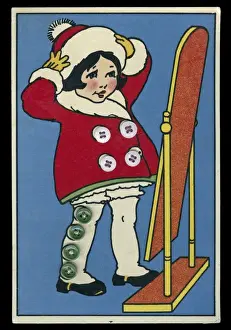 Stitched Prints: Button card with little girl and mirror