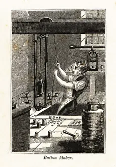 Workplace Prints: Buttonmaker raising a weight on a pulley to stamp buttons