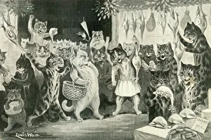 Buying the Christmas Dinner comical cats cartoon, Louis Wain