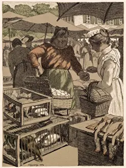 Buying produce from a stall in a German village market selling chickens and eggs