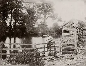 c. 1860s - English rural scene - farmer on gate by river