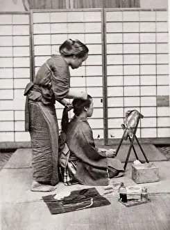 Occupational Prints: c. 1871 Japan - female hairdresser - from The Far East magazine