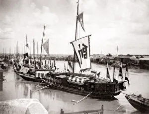 c. 1880s China - Chinese river boats at a quay