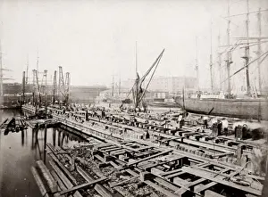 Perdestrian Prints: c. 1880s - dockyard scene, probably London, with cranes