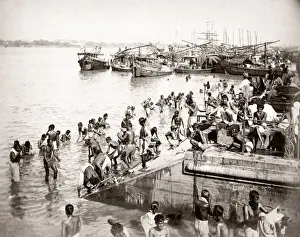 Perdestrian Prints: c. 1880s India - bathing at river ghat probably Calcutta Kolk