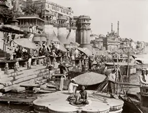 Ganges Prints: c. 1880s India - Benares Varanasi - ghats on river Ganges