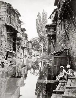 Kashmir Prints: c. 1880s India - river scene with house, probably Kashmir