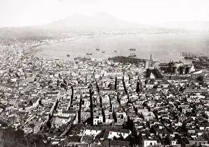 c. 1880s Italy Naples city, Mediterranean and Mount Vesuvius