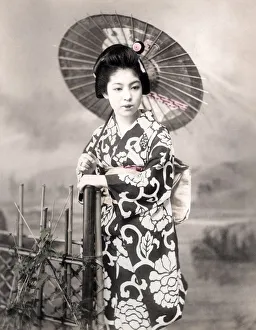 Geisha Prints: c. 1880s Japan - geisha with ornate kimono and parasol