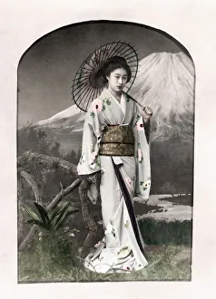 c. 1880s Japan - geisha with a parasol with painted backdrop c. 1880s Japan - geisha with a parasol with painted backdrop